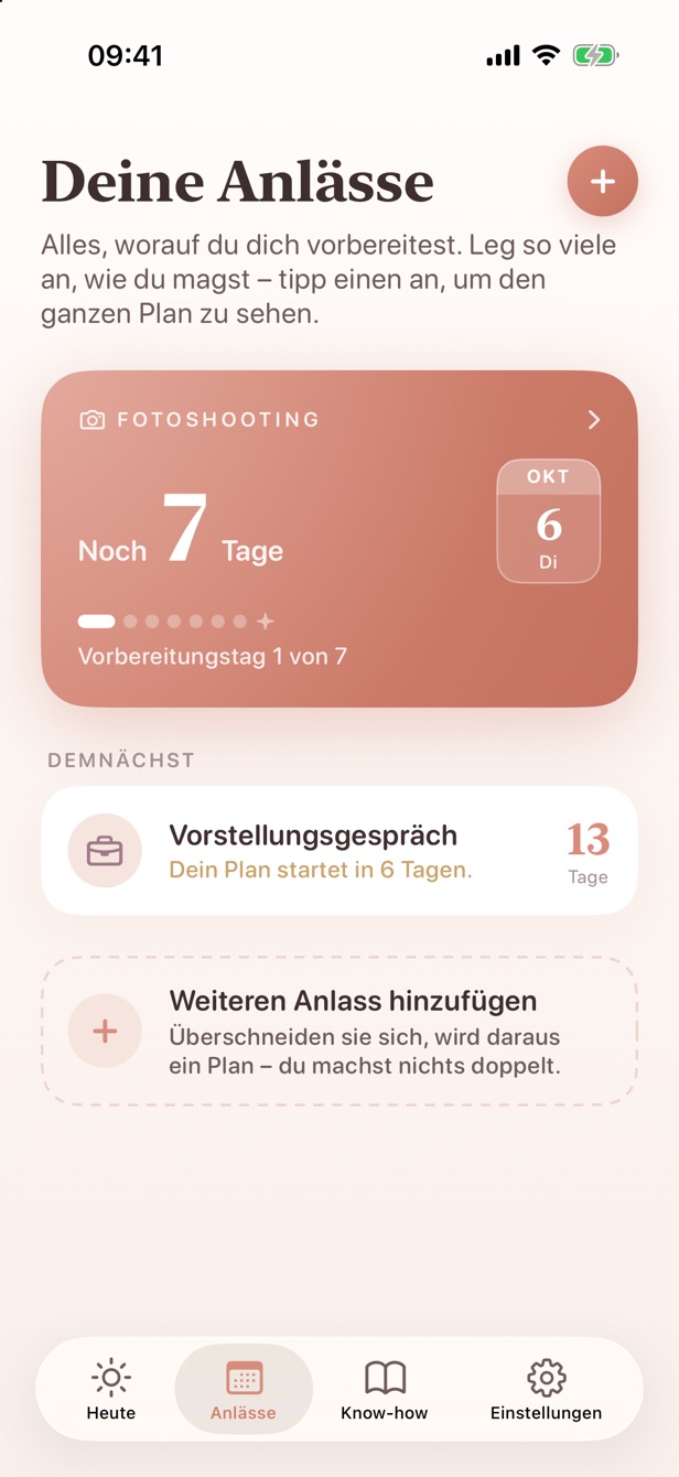 Der Bereich Anlässe mit Countdown-Karte und einem weiteren Termin